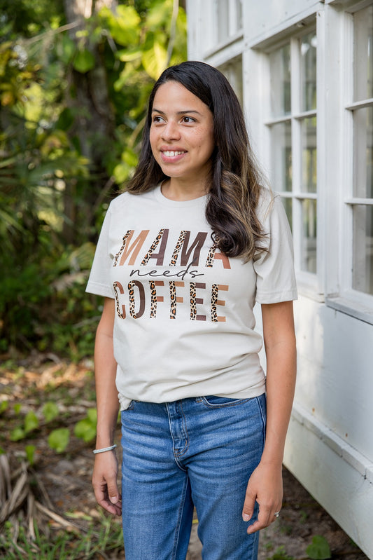 MAMA Needs Coffee Leopard Print Tee