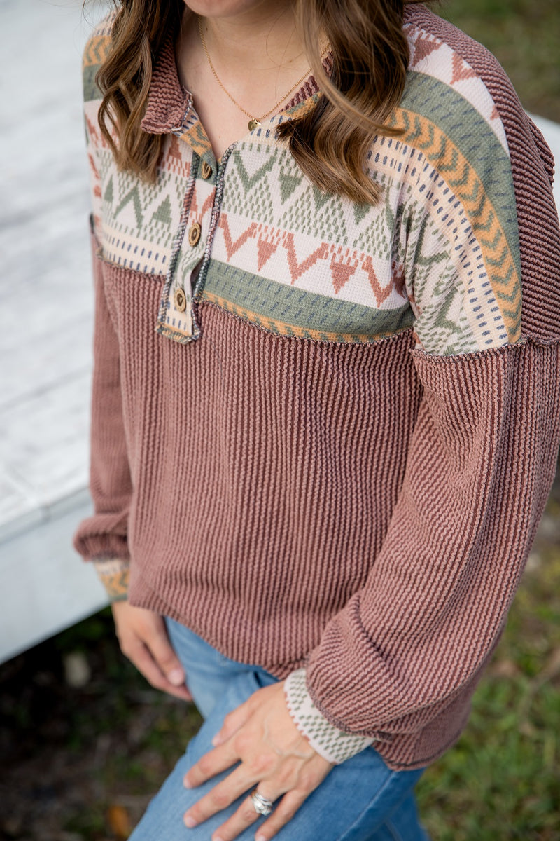 Southwest Cozy Waffle Knit Henley